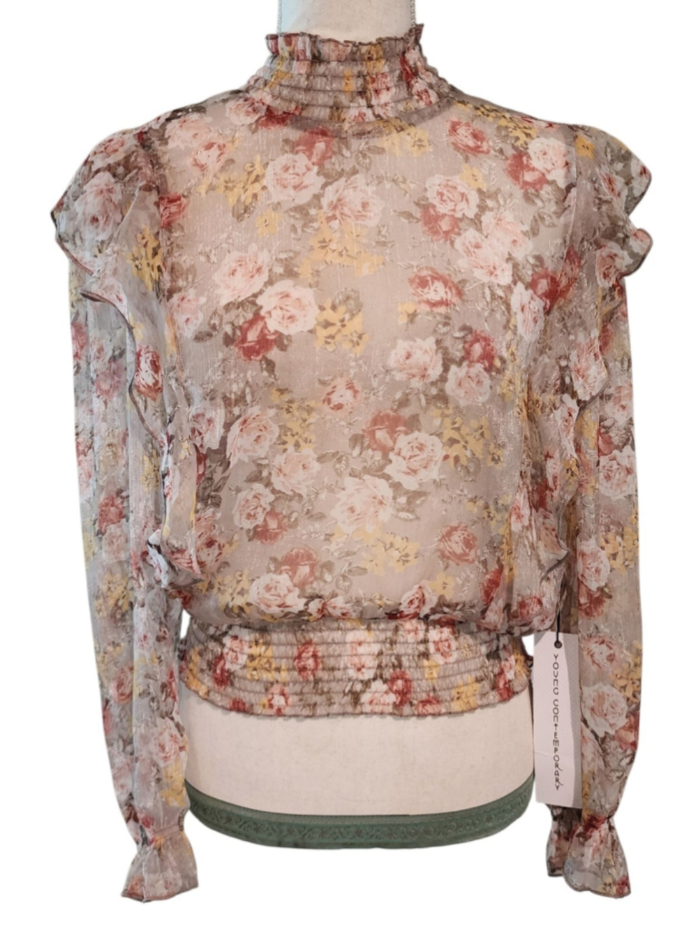 L.I.F.E. Love is for Eternity Floral Chiffon Blouse M NWT Ruffled Mock Neck
